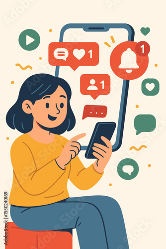 Woman using smartphone for social media notifications. New like, comment, follower alert. Concept of staying up-to-date, online engagement, and digital communication. Flat vector illustration.