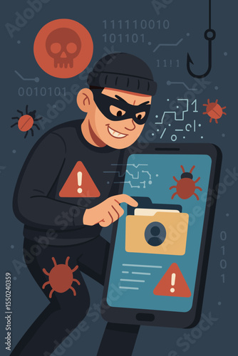 Cybercriminal stealing personal data from mobile device. Hacker attack. Virus, malware, phishing, cybersecurity threat. Digital crime, identity theft, data breach. Vector cartoon illustration