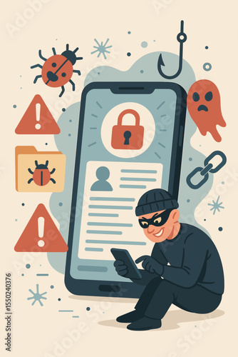 Cybercriminal hacking smartphone personal data. Mobile security breach, phishing, virus, malware, ransomware, identity theft, cyber attack, warning, fraud, hacker, digital crime vector concept
