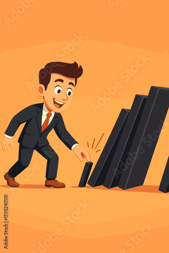Businessman Knocking Over Dominoes Chain Reaction, Small Actions Big Impact, Leadership Initiative, Entrepreneurship Success, Decision Making, Risk, Cartoon Vector Illustration, Orange Background