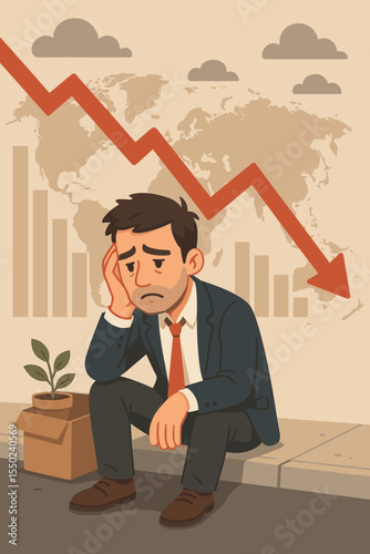 Unemployed businessman sitting on sidewalk with box, financial crisis, market crash, economic recession, depression, job loss, stock market decline, despair, global economy, vector illustration