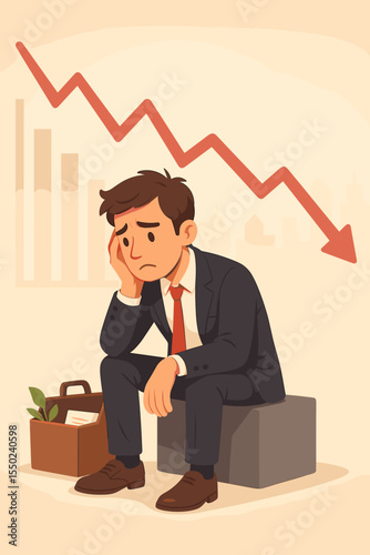 Desperate unemployed businessman sitting with box of office belongings, financial crisis, job loss, recession, red downward arrow, economic collapse, stress, market decline, vector illustration