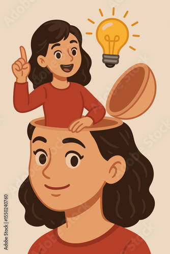 Creative idea concept metaphor. Woman inside open head with light bulb. Innovation, brainstorming, creative thinking, inspiration, eureka moment. Psychology, mind, consciousness. Vector.