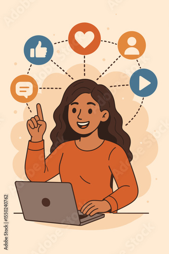 Social media manager building an online brand. Woman at laptop with a network of icons: like, heart, comment. Digital marketing strategy for online presence and business growth concept.