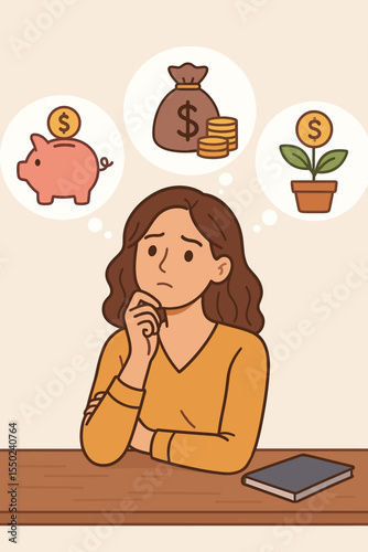Thoughtful woman considering savings, investments, and financial growth. Piggy bank, money bag, coin plant. Planning long-term wealth, security, and smart money management. Vector illustration.