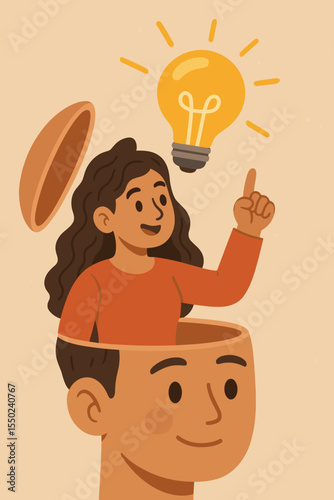 Metaphor for creative thinking and innovation. Woman inside an open head points to a lightbulb. Concept of new ideas, inspiration, knowledge, psychology and self-awareness.