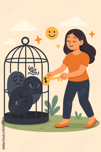 Mental health concept. Woman locking negative emotions in a cage. Metaphor for overcoming depression, anxiety, stress. Psychology, therapy and self-care for emotional well-being.