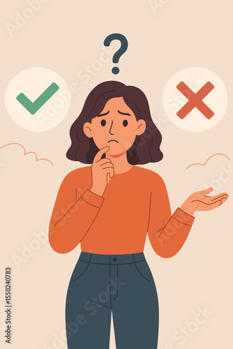Confused Woman Facing Decision Dilemma Choosing Yes or No. Indecisive Female Character Thinking, Making Difficult Choice, Uncertainty Concept. Flat Style Vector Illustration. Decision-Making Graphic