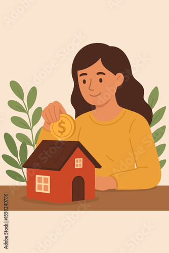 Woman Saving Money in House Shaped Piggy Bank, Real Estate Investment, Home Loan, Mortgage, Personal Finance, Wealth Management, Property Savings, Financial Planning, Cartoon Vector Illustration