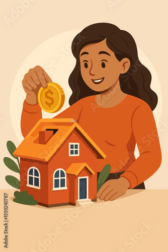 Woman saving money in house shaped piggy bank, real estate investment, smart property savings, financial planning, mortgage deposit, home ownership, cartoon vector illustration