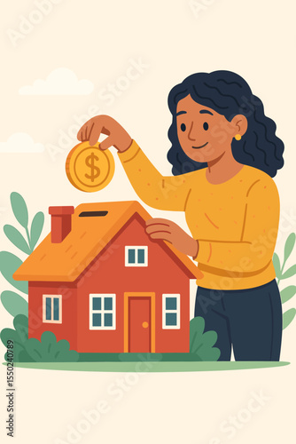 Female Investor Saving Money in House Shaped Piggy Bank, Real Estate Investment, Financial Planning, Wealth Growth, Mortgage Savings, Homeownership, Property Finance, Vector Illustration