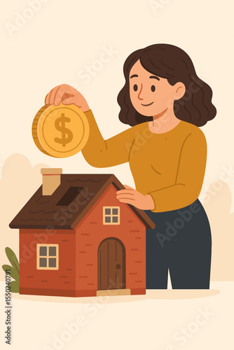 Woman saving money putting coin into house, investment in property, real estate finance, home budget planning, mortgage payment, family wealth growth, banking, financial security concept vector