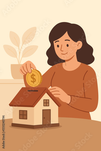 Woman saving money in house-shaped piggy bank, financial investment, real estate savings, property purchase planning, mortgage, home ownership, budget, family finance, vector illustration