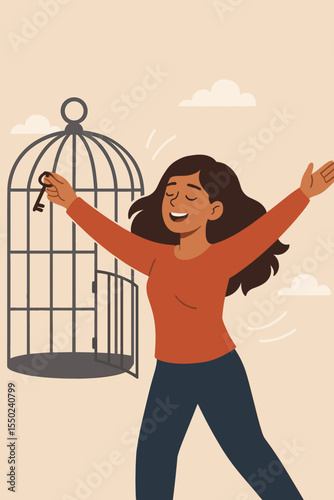 Woman unlocking cage for freedom from mental struggles. Metaphor for overcoming depression, anxiety. Concept of liberation, healing, empowerment, self-help, and personal growth.