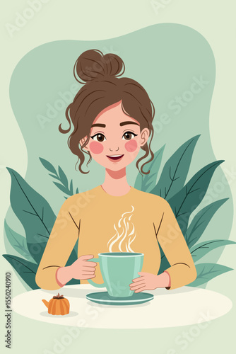A young woman enjoys a steaming cup of tea at a cozy table
