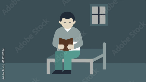 The prisoner holding a faded photograph in their hands looking at it with a mixture of nostalgia and regret seated on the cot.