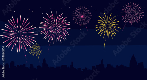 Colorful fireworks display over city skyline at night sky  Suitable for celebrations, events and marketing campaigns