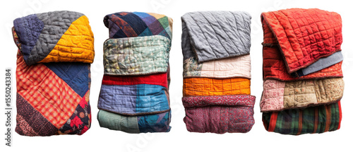 Snuggle Up with Cozy Patchwork Quilt Collection on transparent background. cut flower elements, garden themed designs. Top view high quality PNG.