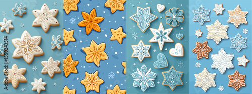 Delightful Winter-Themed Gingerbread Cookies with Icing on Blue Background