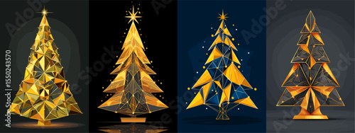 Set of Four Golden Geometric Christmas Trees in Various Designs