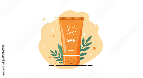 SPF sunscreen tube with sun symbol and green leaves background,  Suitable for summer holiday promotions, skin care and wellness products