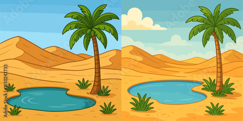 Desert Oasis Vector Illustration with Palm Trees and Water