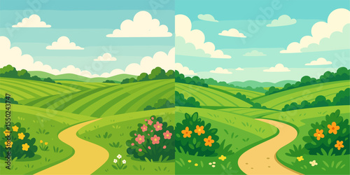 Scenic Digital Landscape with Lush Green Fields and Colorful Flowers