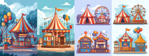 Colorful Carnival and Fair Attractions with Vintage Stalls and Ferris Wheel