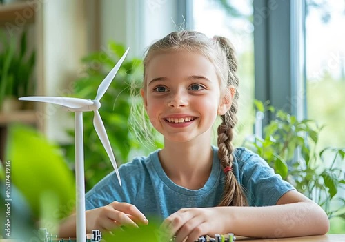 Young girl building a wind turbine model, renewable energy concept, smiling.