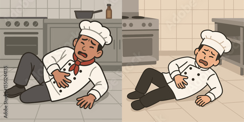 Cartoon Chef Feeling Unwell in Kitchen Setting
