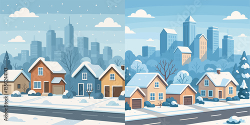 Scenic Winter Cityscape with Snow-Covered Homes and Skyscrapers