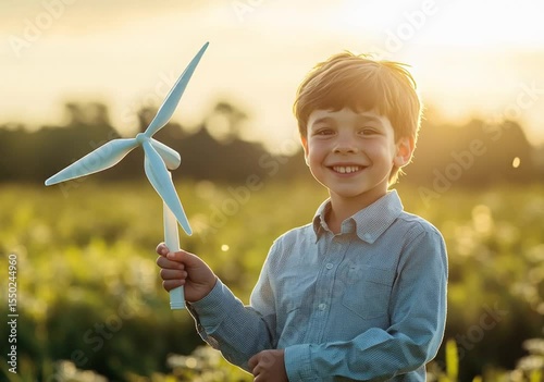 Young boy holding a wind turbine model, smiling in a field during sunset, renewable energy concept.