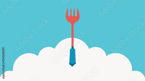 Culinary Sky Adventure In this vibrant illustration a giant cartoon fork with a cheeky expression is diving into a mass of fluffy clouds as if they are a sumptuous meal. Colorful