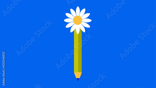 Daisy Pencil This illustration depicts a cheery pencil painted in bright blue with a cheerful white daisy blooming at the tip. The daisys center is a vivid yellow and its petals