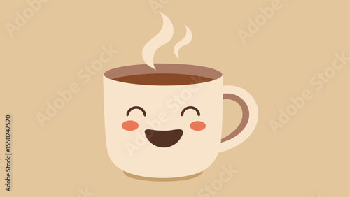 Cheerful Expression The coffee mug has a wide smiling mouth and bright cartoonish eyes that sparkle with joy. Steam rises in whimsical swirls above the mug creating a sense of