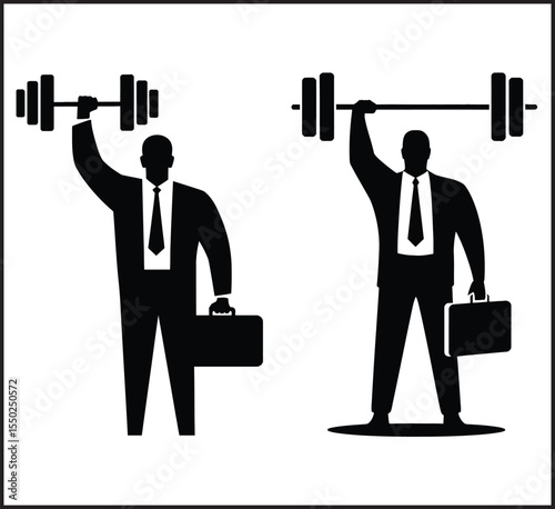 Business Man Lifting Weights Strength Silhouette Collection - Professional Executive Power Icons Set