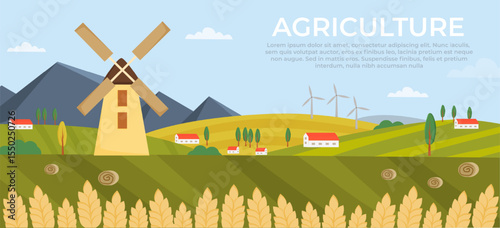 Farming landscape with fields mountains mill houses wheat. Horizontal banner. Scenery of countryside. Farm, agriculture concept.