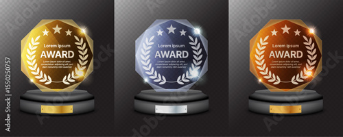 Gold, Silver, and Bronze Glass Trophy Set – Realistic Crystal Award Plaques with Laurel Wreath on Pedestal for Winner Prize and Achievement Recognition. Vector.