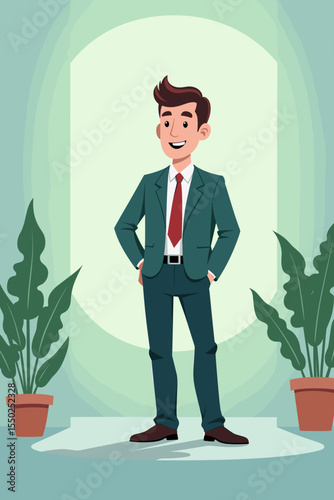 Confident businessman standing proudly in suit against green background with plants