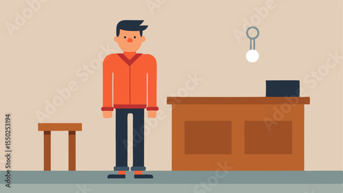 Defendants Stance A fullbody view of a defendant wearing casual clothing and handcuffs standing nervously in front of a judges bench with a solemn expression.