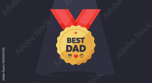 Gold medal with ribbon labeled best dad in spotlight ,Suitable for Father's Day gifts, recognition cards and family events