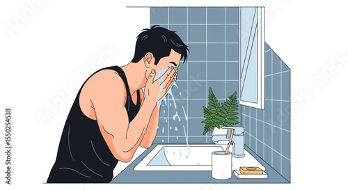Flat Style Illustration of Man Washing Face in Bathroom Sink Activity