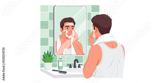 Cartoon Flat Illustration of Man Shaving His Beard in Bathroom