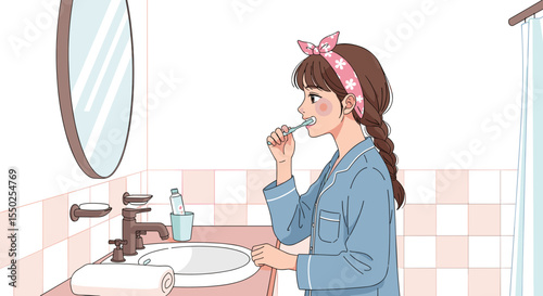 Cute Illustration Girl Brushing Teeth In Bathroom Morning Routine