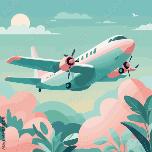 Colorful airplane flying in blue sky above lush greenery and clouds