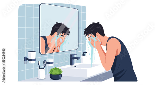 Modern Flat Illustration of Young Man Washing Face in Bathroom Interior