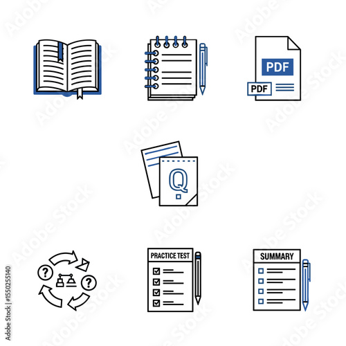 Detailed Outline Stationery Icon Set with Book, Notepad and Checklist