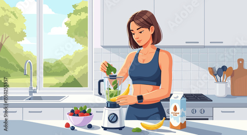 Modern Lifestyle Female Preparing Healthy Smoothie Drink with Blender in Kitchen