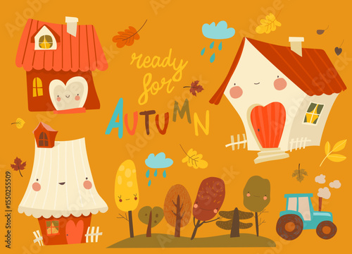 Cartoon Illustration with cute houses. Autumn trees, roads, houses with pipes and rain clouds
