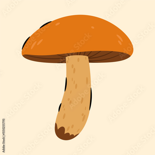 A stylized illustration of a single mushroom with a vibrant orange-brown cap and a light brown speckled stem, featuring subtle dark accents.